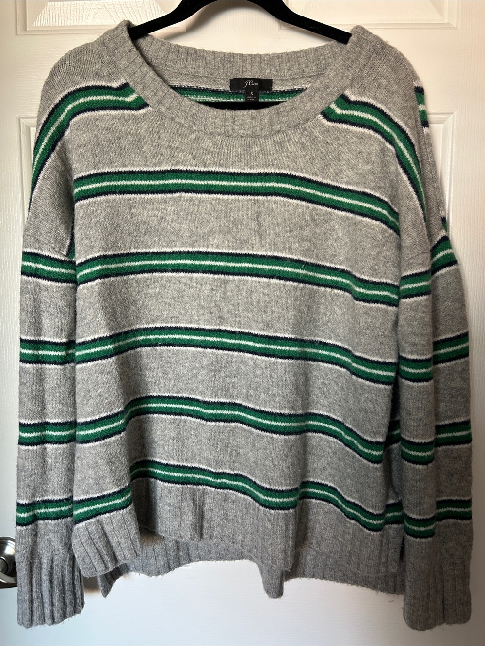 J. Crew Oversized Alpaca Gray Crewneck Sweater with Green Stripes
